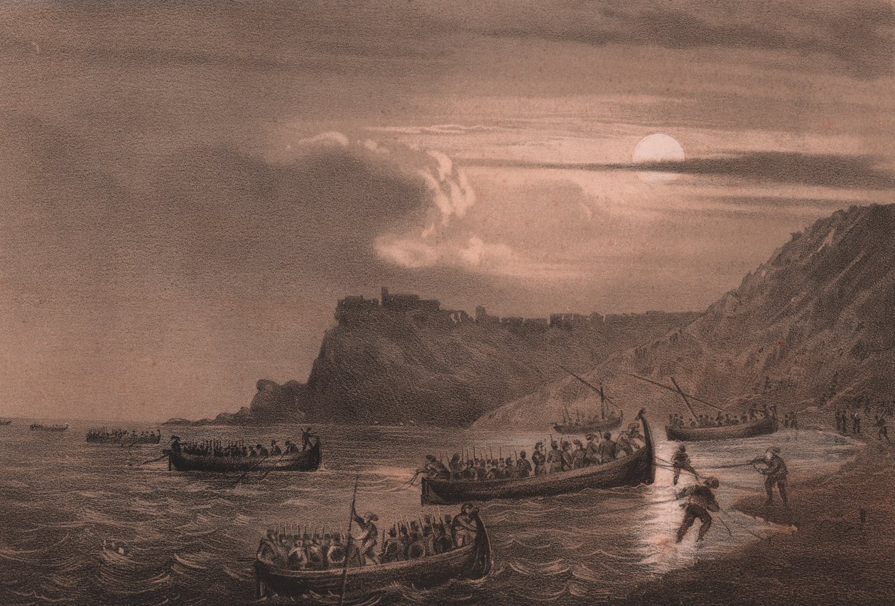 Landing av den første flåten av Garibaldis menn ved Fort Scilla, Calabria av William M. Timlin