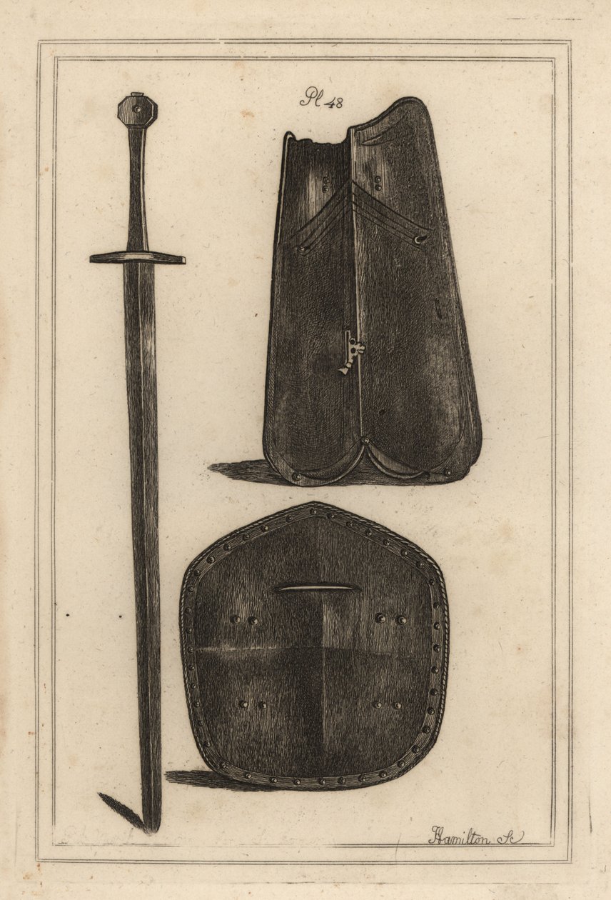 Stor brystplate eller kurass 1, skjold perforert i midten 2 og tohåndssverd som alle tilhørte Guy, Earl of Warwick 3, kobberstikk av J av Unbekannt