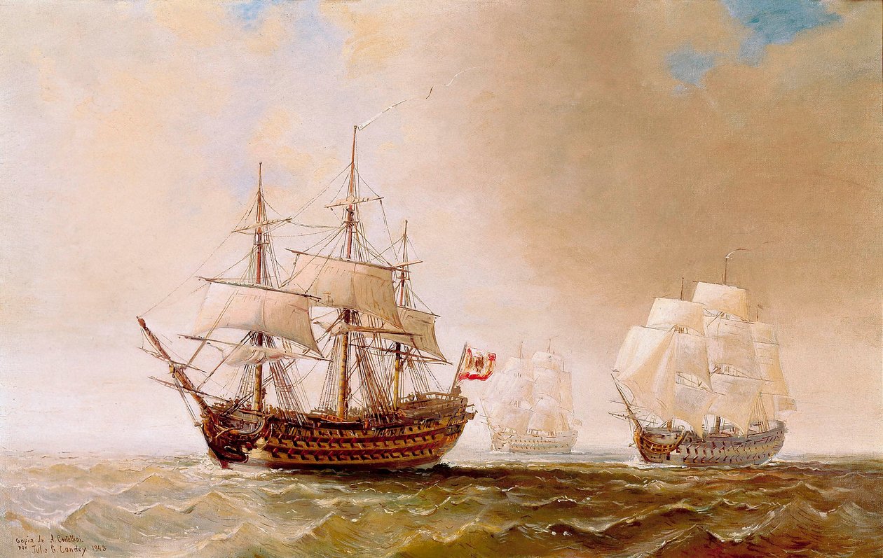 Det spanske skipet San Hermenegildo under slaget ved Trafalgar 21.10.1805: Det satte den fransk-spanske flåten under ordre fra admiral Villeneuve mot den britiske flåten kommandert av viseadmiral Nelson. Anonymt maleri fra 1800-tallet av Unbekannter Künstler