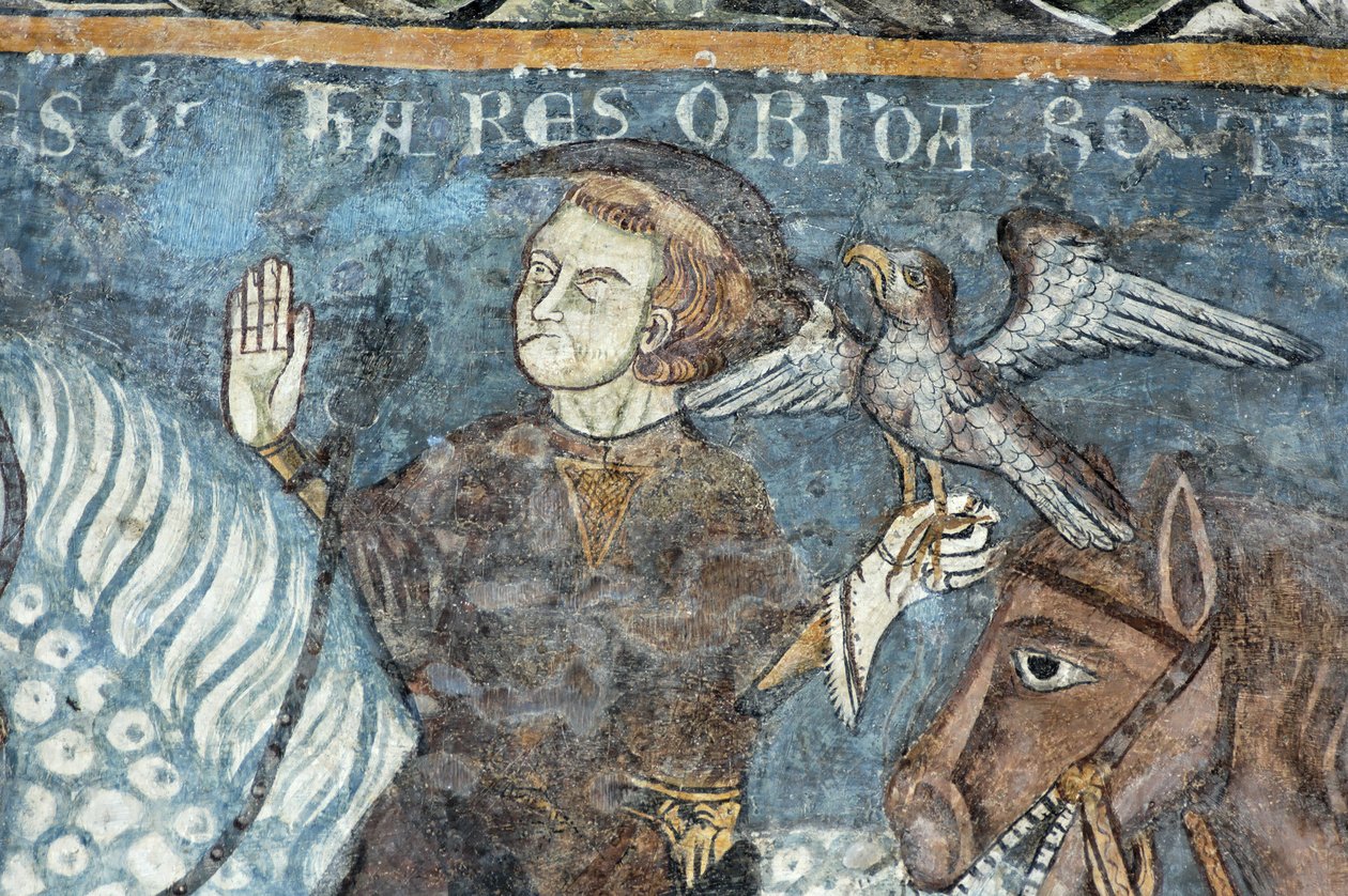 Legenden om grunnleggelsen av Abbey of Vezzolano: Kong Charlemagne (Karl I den store) (742-814) jaktet falk. Det ble sagt å ha opphavet til byggingen av klosteret. Freske av klosteret til klosteret Vezzolano. Piemont, Italia. av Unbekannt