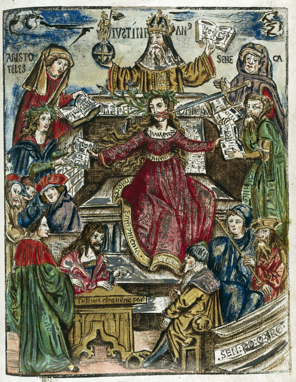 Kunnskapsgrenene fra 1500-tallet: hver representert av forskjellige personligheter: øverst Aristoteles (384-322 f.Kr.) for filosofi og Seneca (Lucius Annaeus Seneca, 4 f.Kr.-65) for moral av Unbekannt