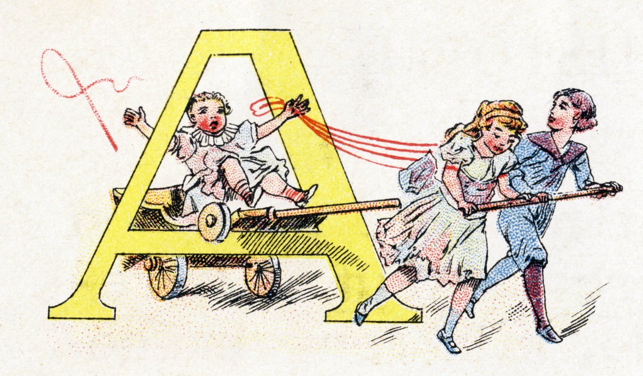 Bokstav A: Hitch Fun. Alfabetet til Phosphatine Falieres. Gravering. Brevete-alfabetet S.G.D.G. av farmasøyt Pierre Emile Falieres. Illustrasjoner i kromolitografi, slutten av 1800-tallet. 16 sider. Mål: 103x154mm av Unbekannt