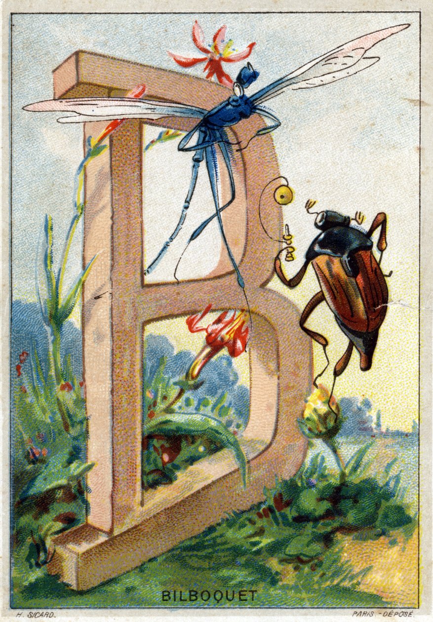 Bokstav B som Bilboquet. Mr. Mariniers kunstneriske alfabet. Redigert av Henry Sicard, sent på 1800-tallet. Reklamekromolitografier for produkter som selges i apotek. Mål: 12,5 x 9 cm av Unbekannt