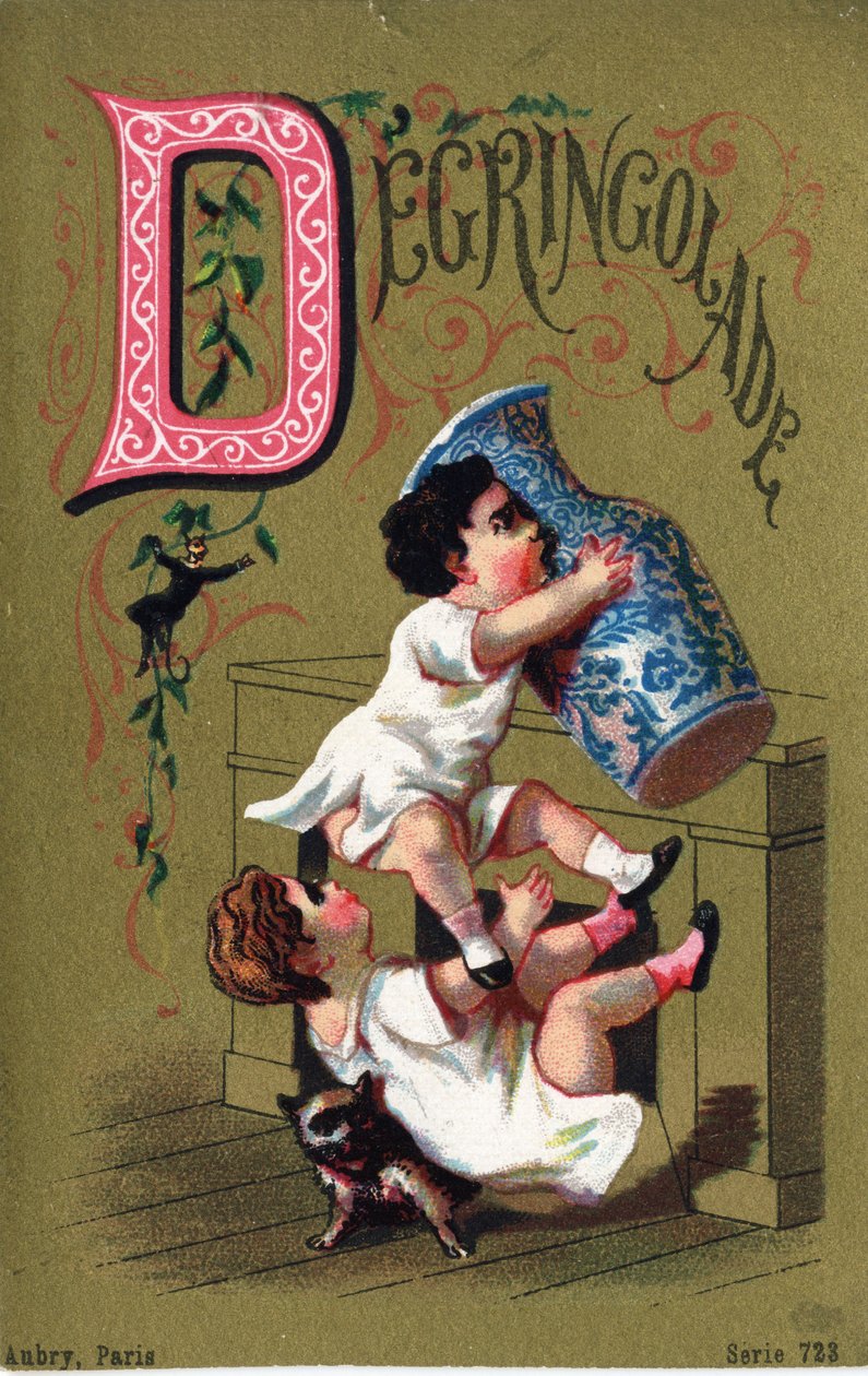 Bokstav D: Degringolade. Gravering i "Alphabet des grotesques"". Serie med 25 reklamekromolitografier på en dore bakgrunn, sent på 1800-tallet. Mål: 11x7 cm av Unbekannt