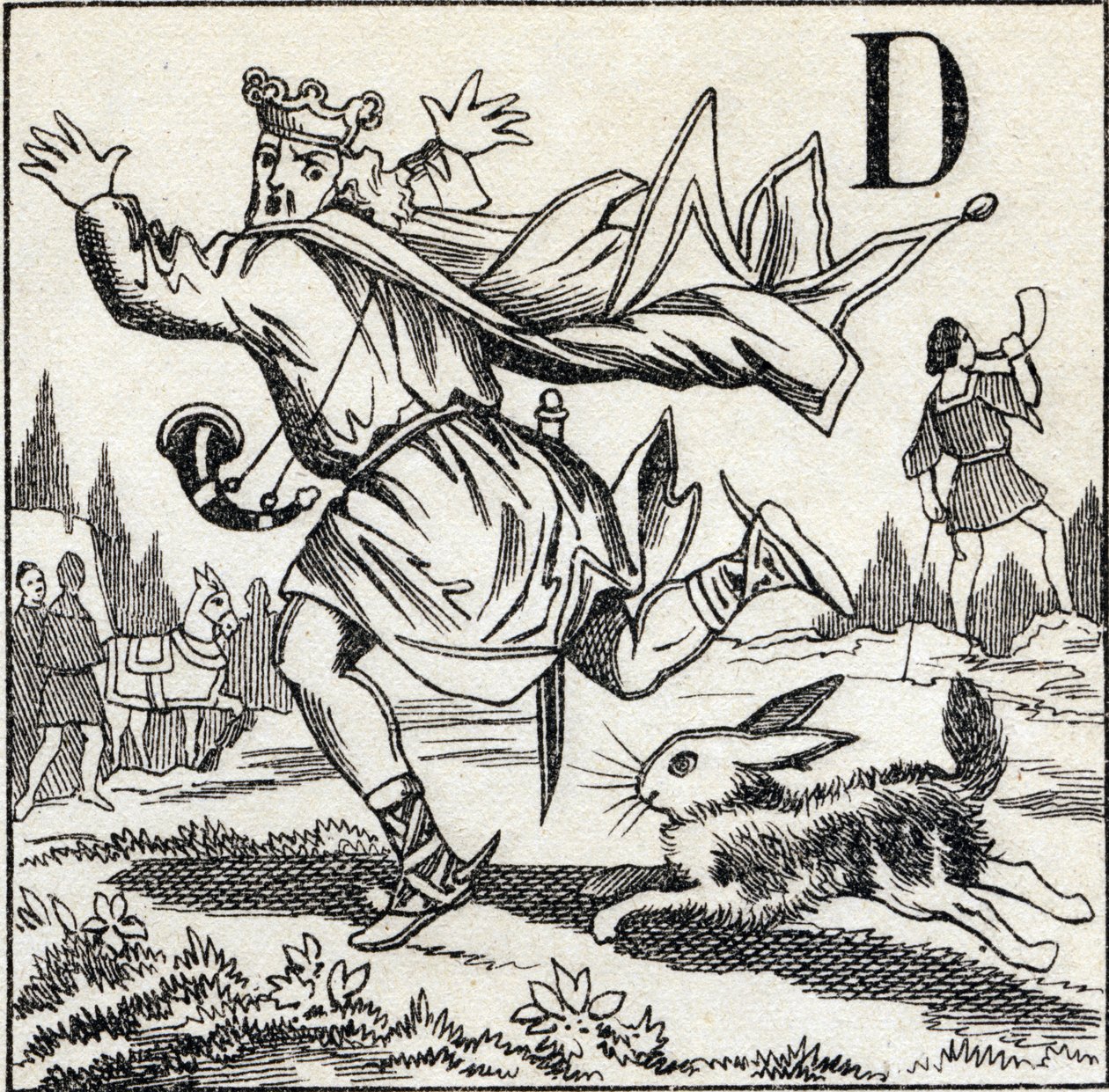Bokstav D: Kong Dagobert forfulgt av en hare. Gravering i "ABC Les Images en Alphabet". Epinal avbildning. Pellerin og Cie, trykker-utgiver, Epinal, slutten av 1800-tallet, ca. 1890. 10 sider. Mål: 19,5 x 13,5 cm av Unbekannt