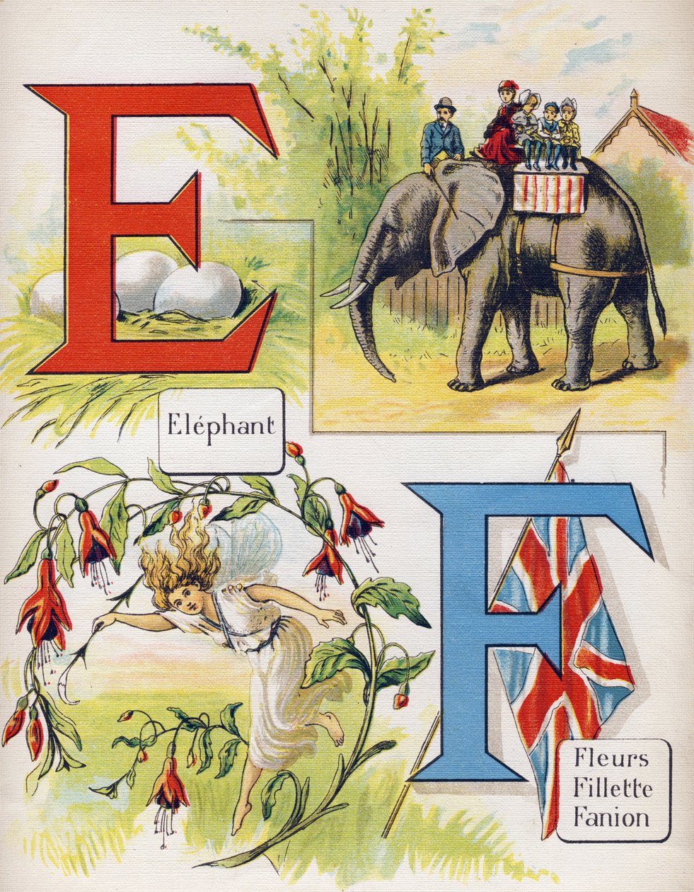 Bokstaven E og F: elefant og blomster, jente, vimpel. Gravering i "ABC L
