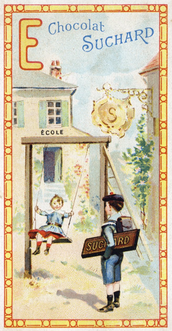 Bokstav E: skole, barn, escarpolette, merke, skilt, inngang, stige, skolegutt. Gravering av alfabetet redigert av Chocolat Suchard, begynnelsen av det 20. århundre. 24 kromolitografier som representerer steder, karakterer og gjenstander som skal oppdages i av Unbekannt
