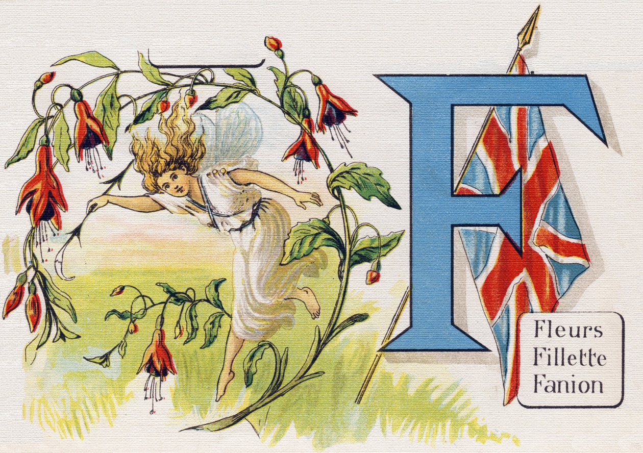Bokstav F: Blomster, jente, vimpel. Gravering i "ABC L