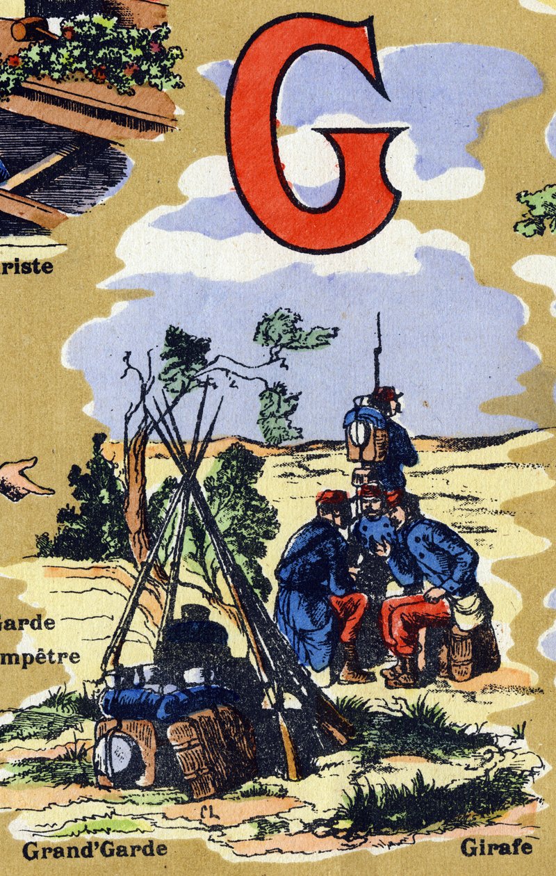 Bokstaven G som hærens store vakt. Iphabet illustrerer. Bilder gjenforent i Jarville-Nancy, tidlig på 1900-tallet. Mål: 40 x 29 cm. Litografi på bistre-bakgrunn av Unbekannt