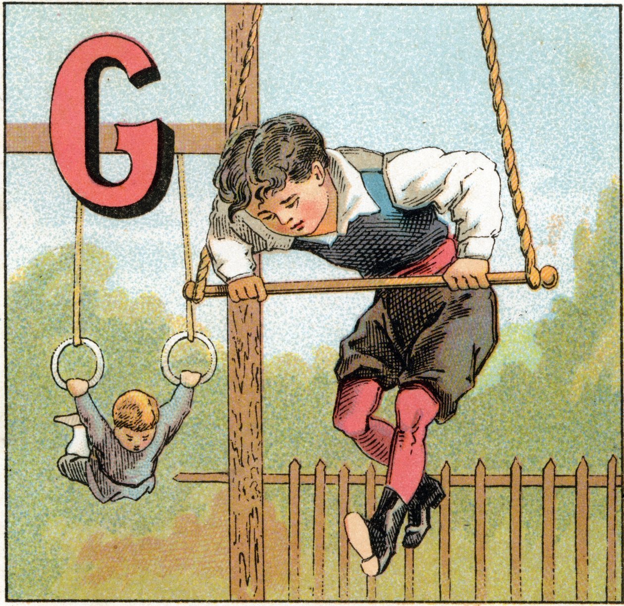 Bokstaven G for gymnastikk. Gravering i "Alphabet des petits ecoliers". Avbildning av Epinal, ca. 1885. Privee Collection av Unbekannt