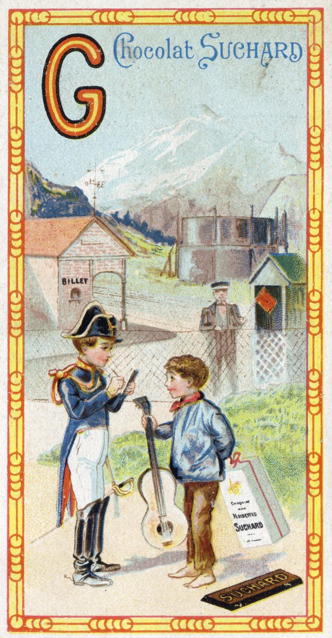 Bokstaven G: isbre, gendarme, gazometer, barn, stasjon, kriger, vinge, gitar. Gravering av alfabetet redigert av Chocolat Suchard, begynnelsen av det 20. århundre. 24 kromolitografier som representerer steder, karakterer og objekter som skal oppdages i bil av Unbekannt