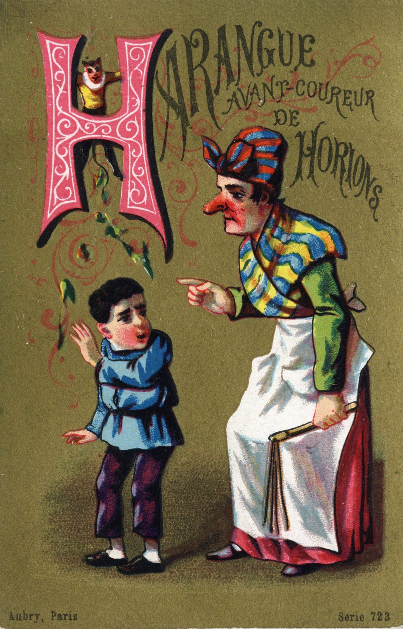 Bokstav H: Harangue før horionløper. Gravering i "Alphabet des grotesques"". Serie med 25 reklamekromolitografier på en dore bakgrunn, sent på 1800-tallet. Mål: 11x7 cm av Unbekannt