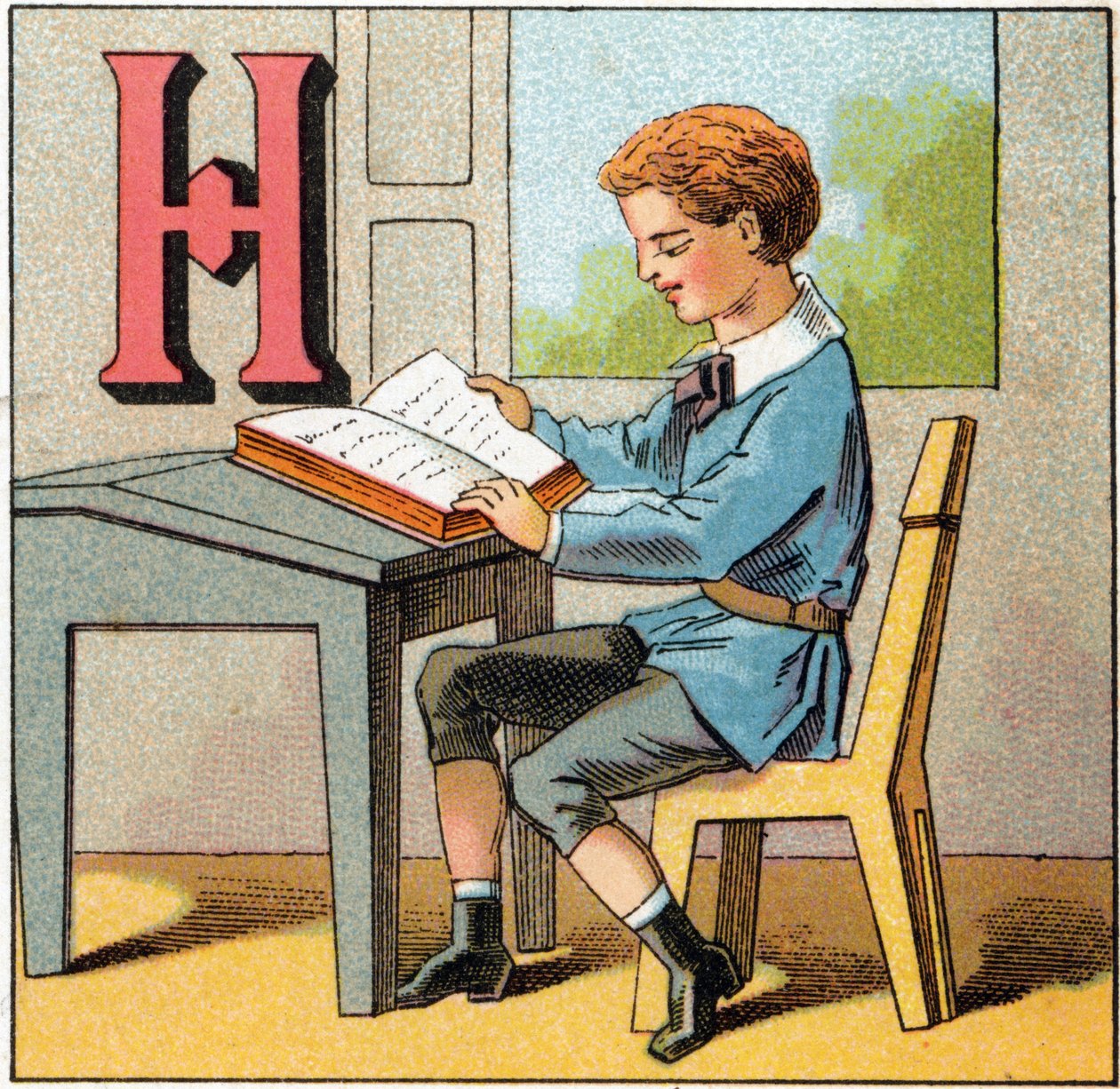 Bokstav H som Frankrikes historie. Gravering i "Alphabet des petits ecoliers". Avbildning av Epinal, ca. 1885. Privee Collection av Unbekannt