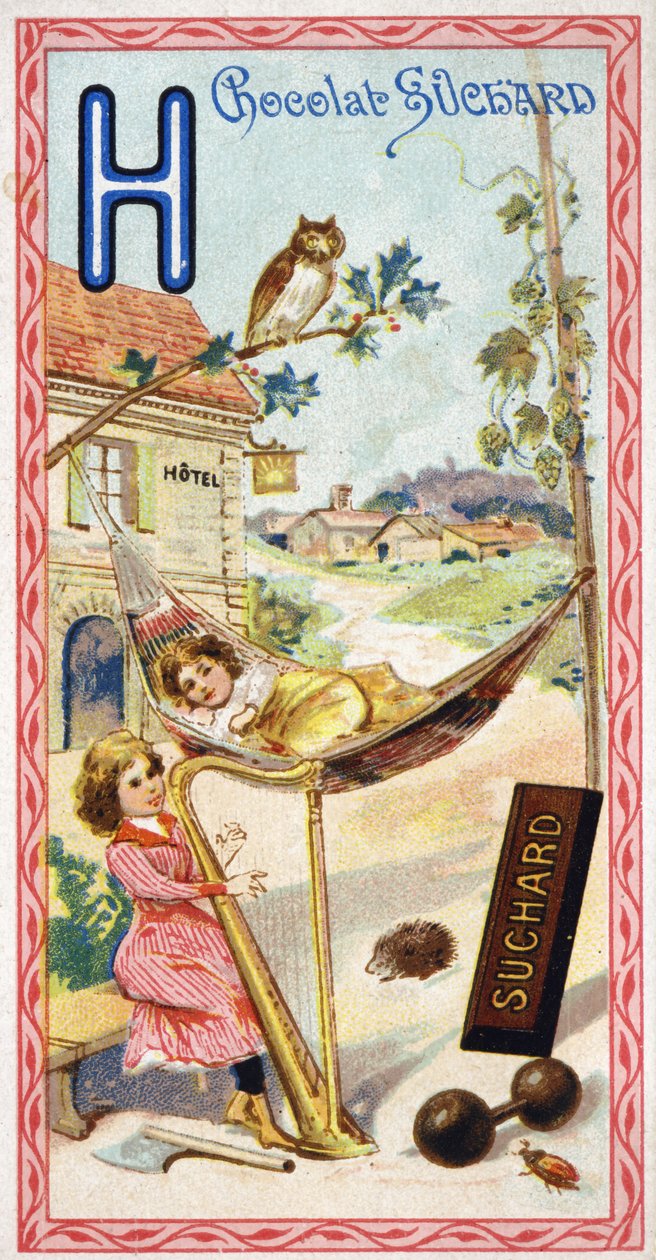 Bokstav H: hotell, ugle, hengekøye, harpe, øks, herisson, humle, manualer, chabbing, grend. Gravering av alfabetet redigert av Chocolat Suchard, begynnelsen av det 20. århundre. 24 kromolitografier som representerer steder, karakterer og objekter som skal  av Unbekannt