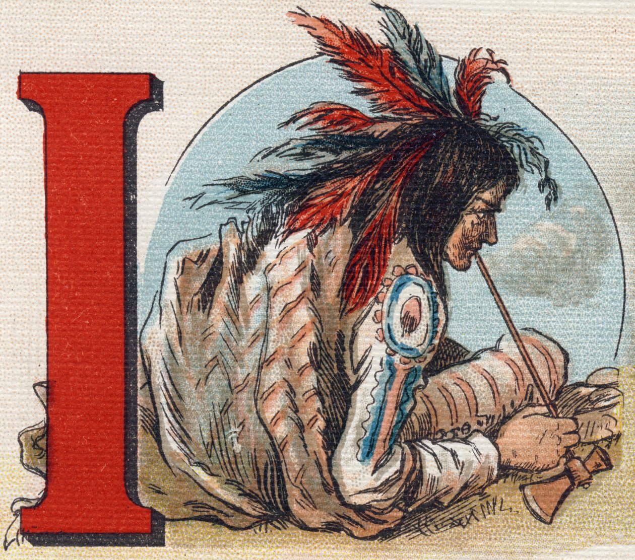 Bokstav I: Amerikansk indianer. Gravering i "Alphabet de ma petite fille". Bernardin-Bechet og Fils, bokhandler-forlag, Paris, rundt 1895. Ubrytelig album på lerret. Bibliotheque des Bebes. 12 sider. Album som inneholder en lesemetode og en illustrativ av Unbekannt