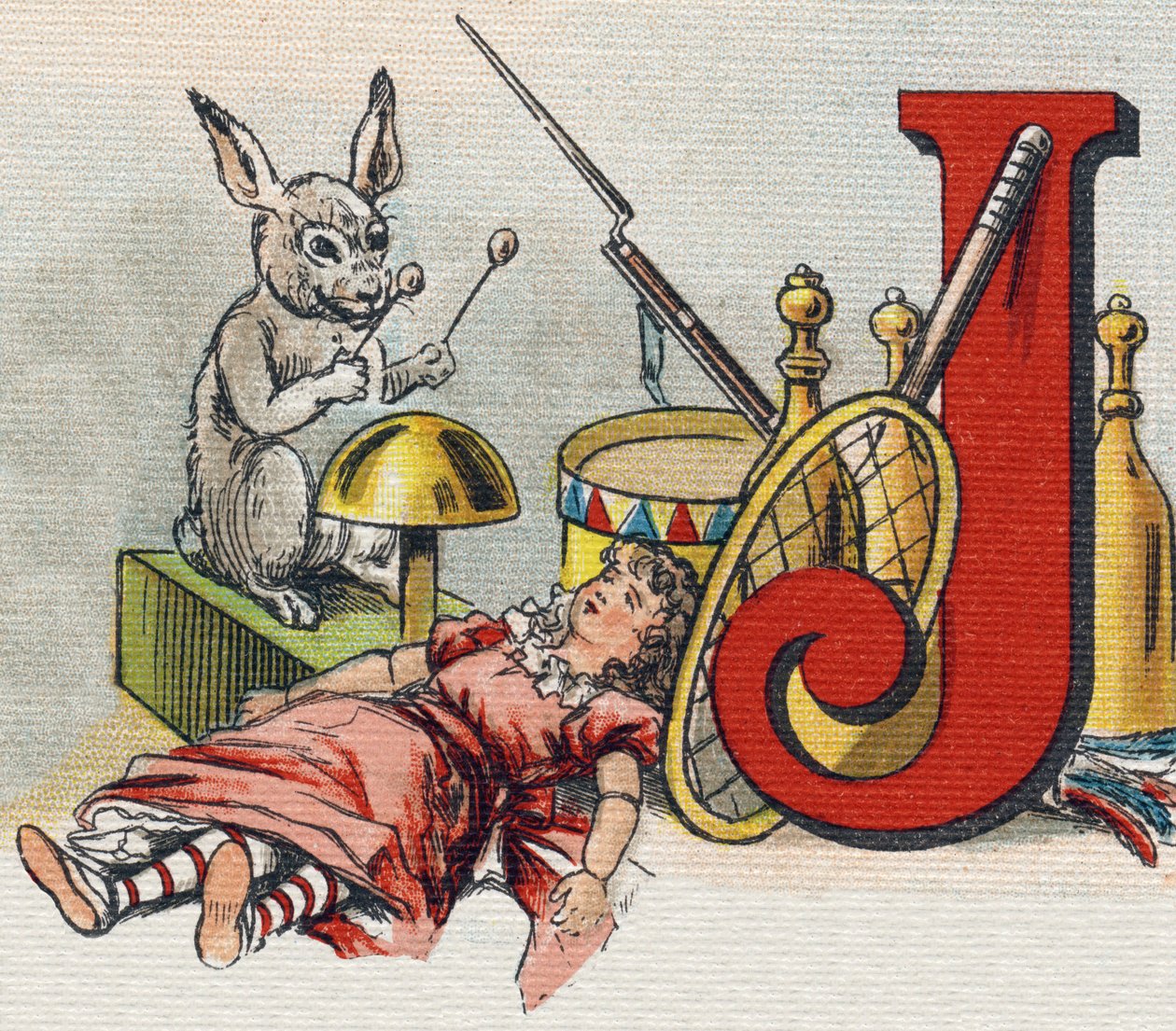 Bokstav J: leker. Gravering i "Alphabet de ma petite fille". Bernardin-Bechet og Fils, bokhandler-forlag, Paris, rundt 1895. Ubrytelig album på lerret. Bibliotheque des Bebes. 12 sider. Album som inneholder en lesemetode og et illustrerende abecedary av Unbekannt