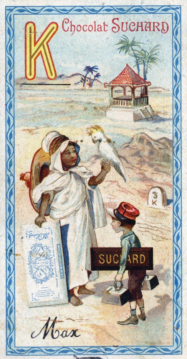 Bokstav K: kabyle, kepi, kilogram, kakatoes, kiosk, kilometer. Gravering av alfabetet redigert av Chocolat Suchard, begynnelsen av det 20. århundre. 24 kromolitografier som representerer steder, karakterer og objekter som skal oppdages i bildet. Mål: 105x5 av Unbekannt