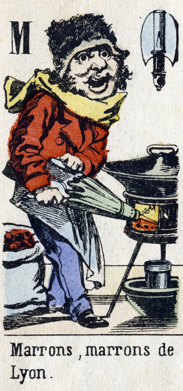 Bokstav M: "Brun, Brown of Lyon". Alfabetet "Barnemoro". Bilde av Epinal, ca. 1890. Populær serie. Lite hefte på 8 sider. Sjablongerte tregraveringer med temaet små gatemetier og ropene fra Paris av Unbekannt
