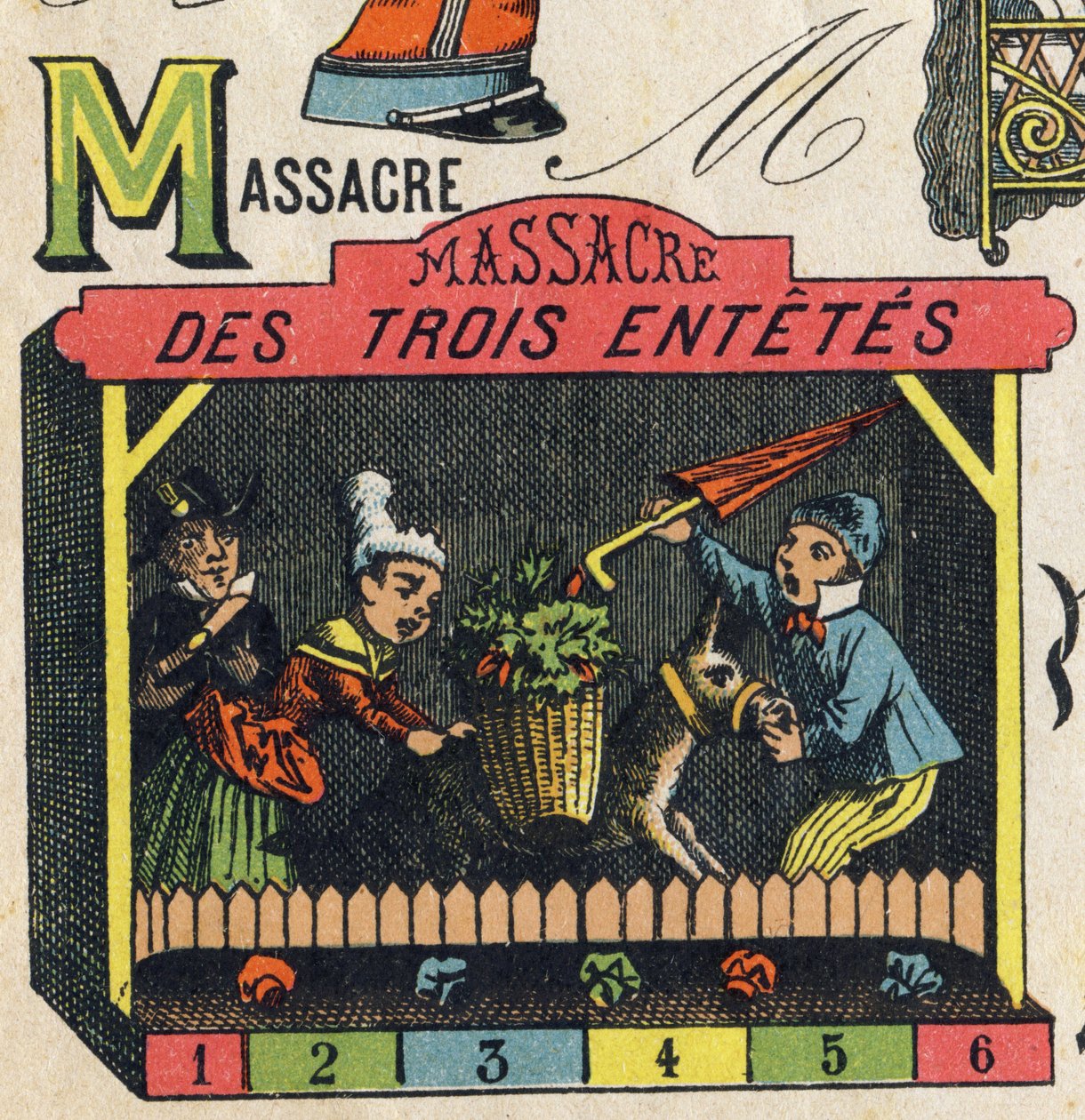 Bokstaven M . Gravering i "ABC Toys". Epinal avbildning i kromolitografi, ca 1890. Lite hefte på 8 sider. Mål: 195x135mm, beregnet for å motta en annonse i 4. omslag. Brukes hjemme, den tilbyr en berømt abecedary og en liten lesemetode. av Unbekannt