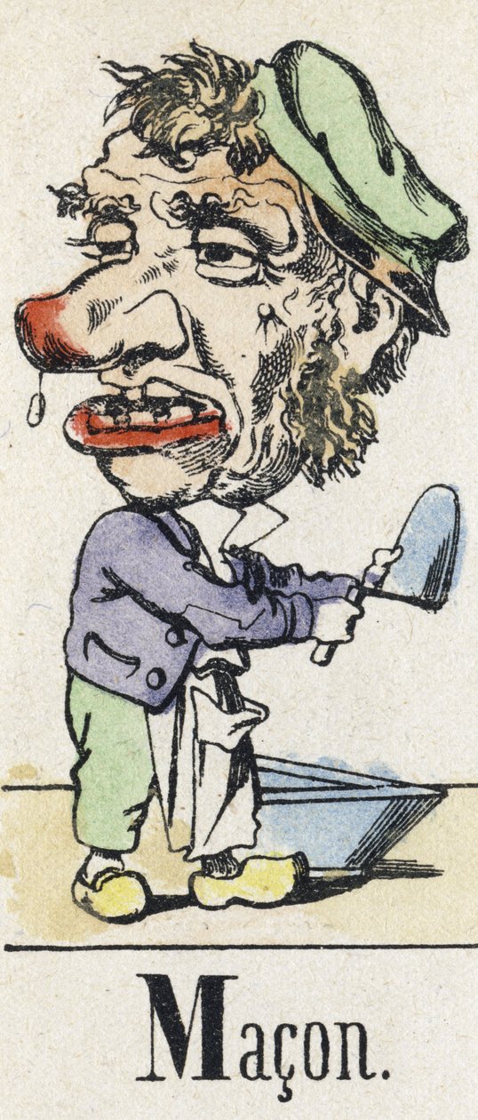 Bokstav M: Macon. Alfabetet til den østlige fortellingen. Bildebehandling av Epinal, ca 1890. Populær serie. Lite hefte på 8 sider. Mål: 205x150mm. Sjablongerte tregraveringer over temaet metiers av Unbekannt