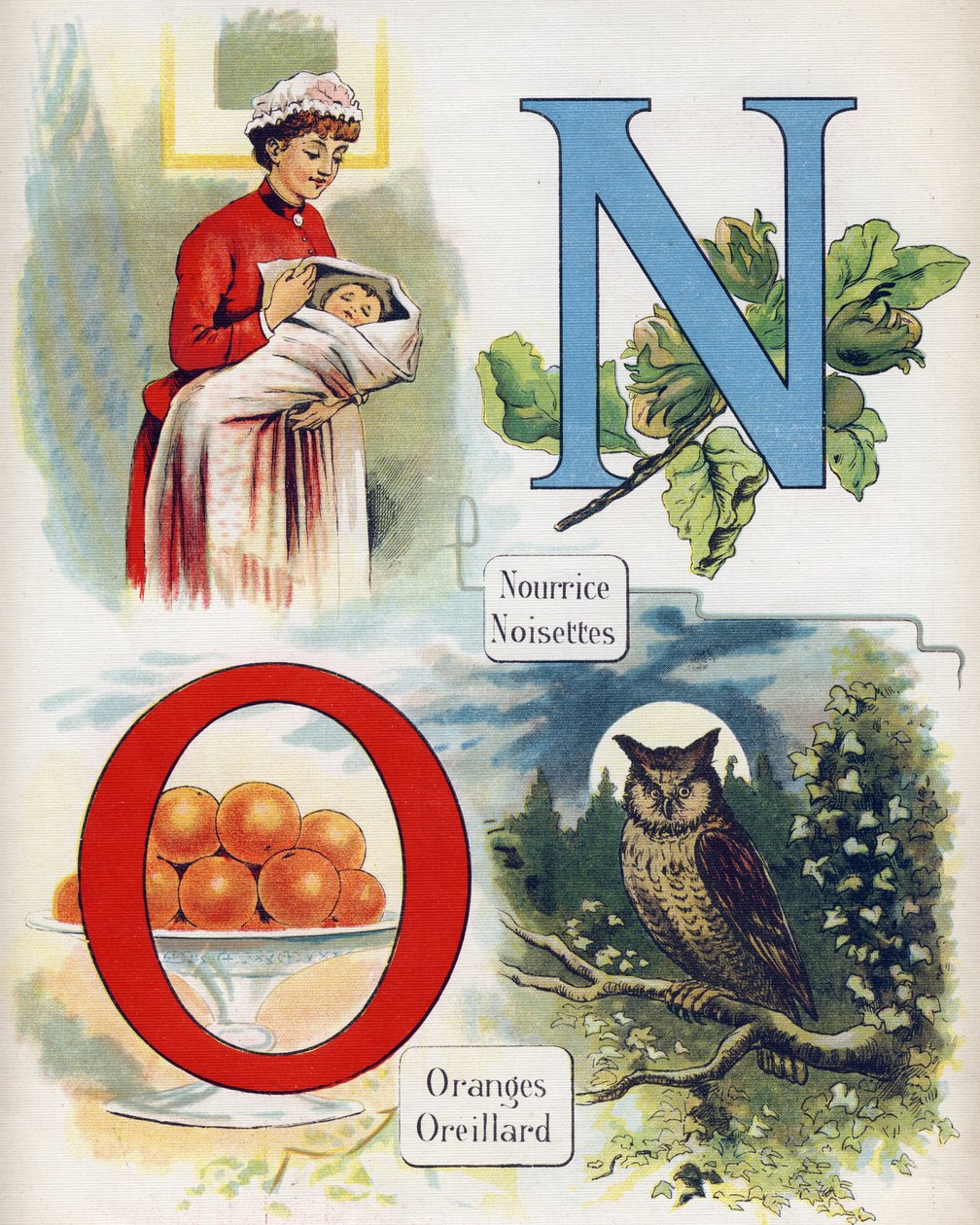 Bokstav N og O: sykepleier, hasselnøtt, appelsiner og øre. Gravering i "ABC L'alphabet des bebes". Ubrytelig volum på lerret i kromolitografi. A. Capendu, redaktør, Paris. Tidlig på 1900-tallet, rundt 1905. Bilder av engelsk opprinnelse, leds av Unbekannt