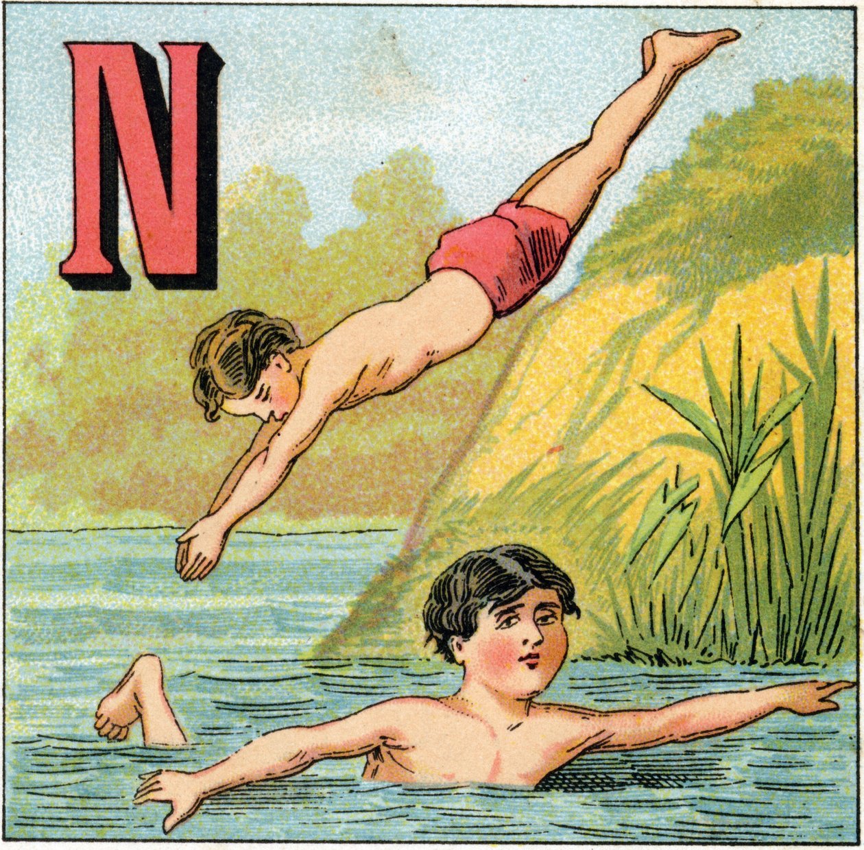 Bokstaven N for svømming. Gravering i "Alphabet des petits ecoliers". Avbildning av Epinal, ca. 1885. Privee Collection av Unbekannt