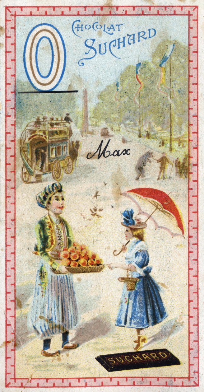 Bokstav O: omnibus, ottoman, paraply, oriflame, oransje, obelisque, bjørn. Gravering av alfabetet redigert av Chocolat Suchard, begynnelsen av det 20. århundre. 24 kromolitografier som representerer steder, karakterer og objekter som skal oppdages i bildet av Unbekannt
