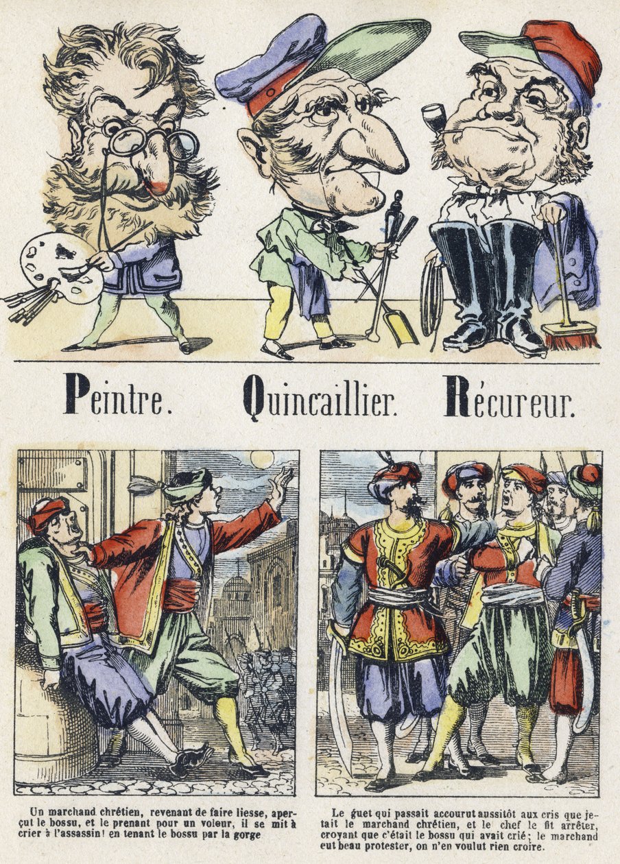 Bokstavene P, Q og R: Maler, maskinvare og gjenoppretting. Alfabetet til den østlige fortellingen. Bildebehandling av Epinal, ca 1890. Populær serie. Lite hefte på 8 sider. Mål: 205x150mm. Sjablongerte tregraveringer over temaet metiers av Unbekannt