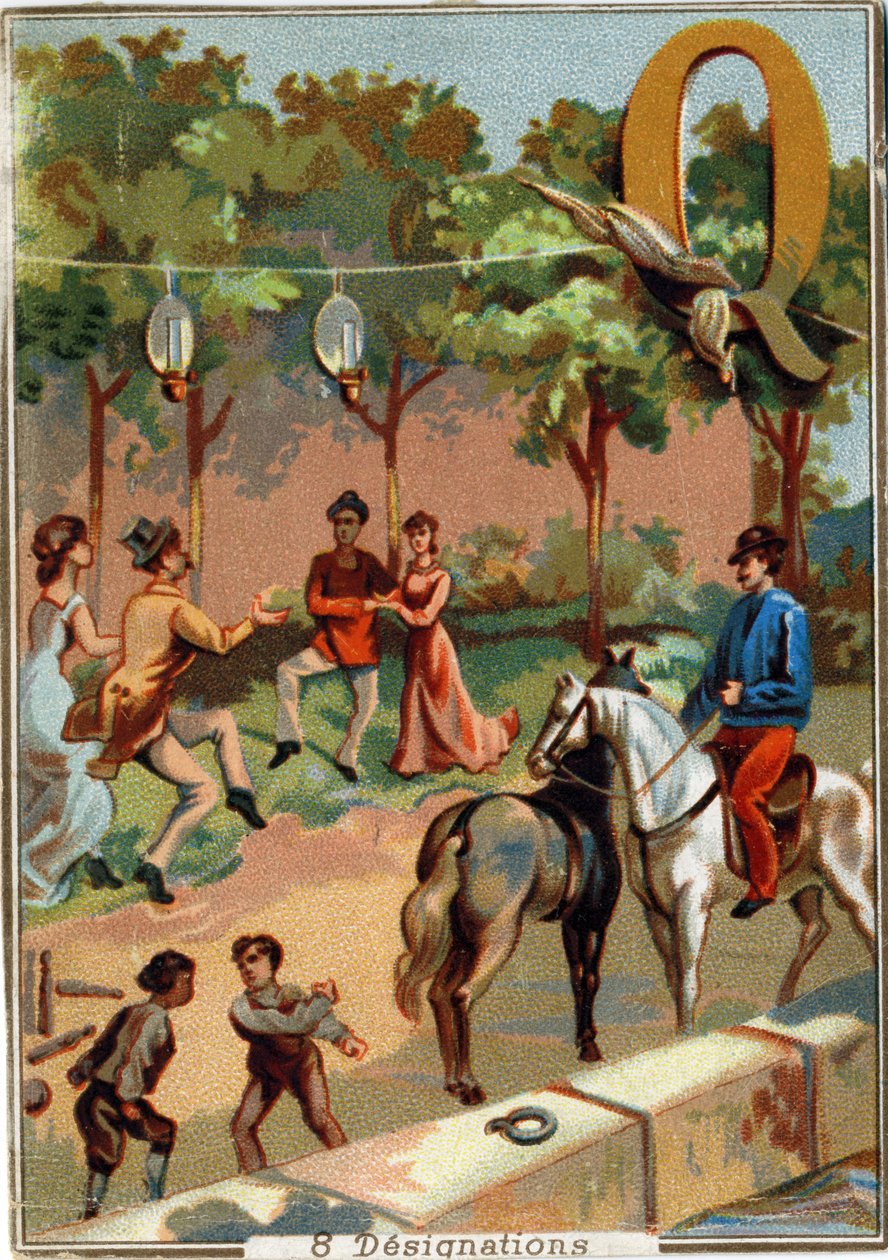 Bokstav Q: kvadrille; krangle; bowling; cattail; quinquets; fire; brygge. Alfabet . I hvert bilde er det en rekke berømte ord hvis representasjoner er iscenesatt. Chromolithography of Parisian Lithography, circa 1890. Dim: 10,7x7,5cm . av Unbekannt