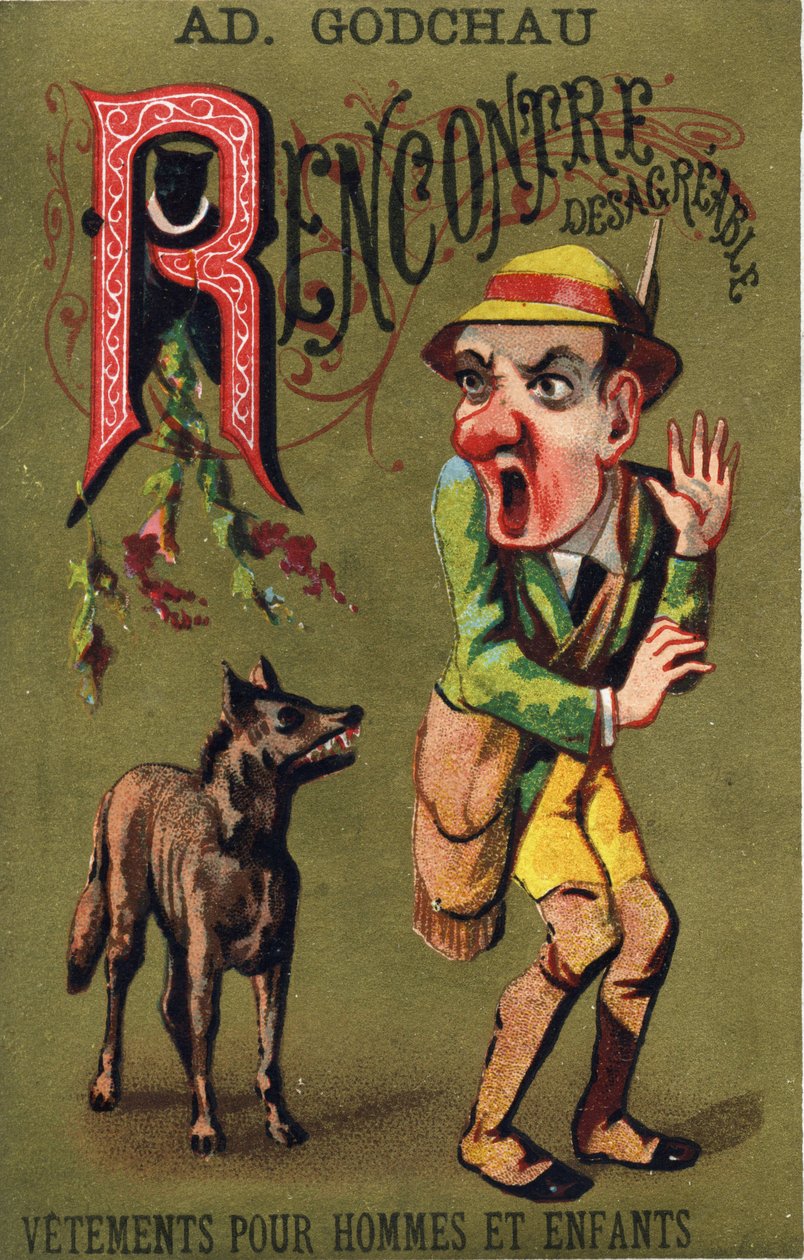 Bokstav R: Uenig møte. Gravering i "Alphabet des grotesques"". Serie med 25 reklamekromolitografier på en dore bakgrunn, sent på 1800-tallet. Mål: 11x7 cm av Unbekannt