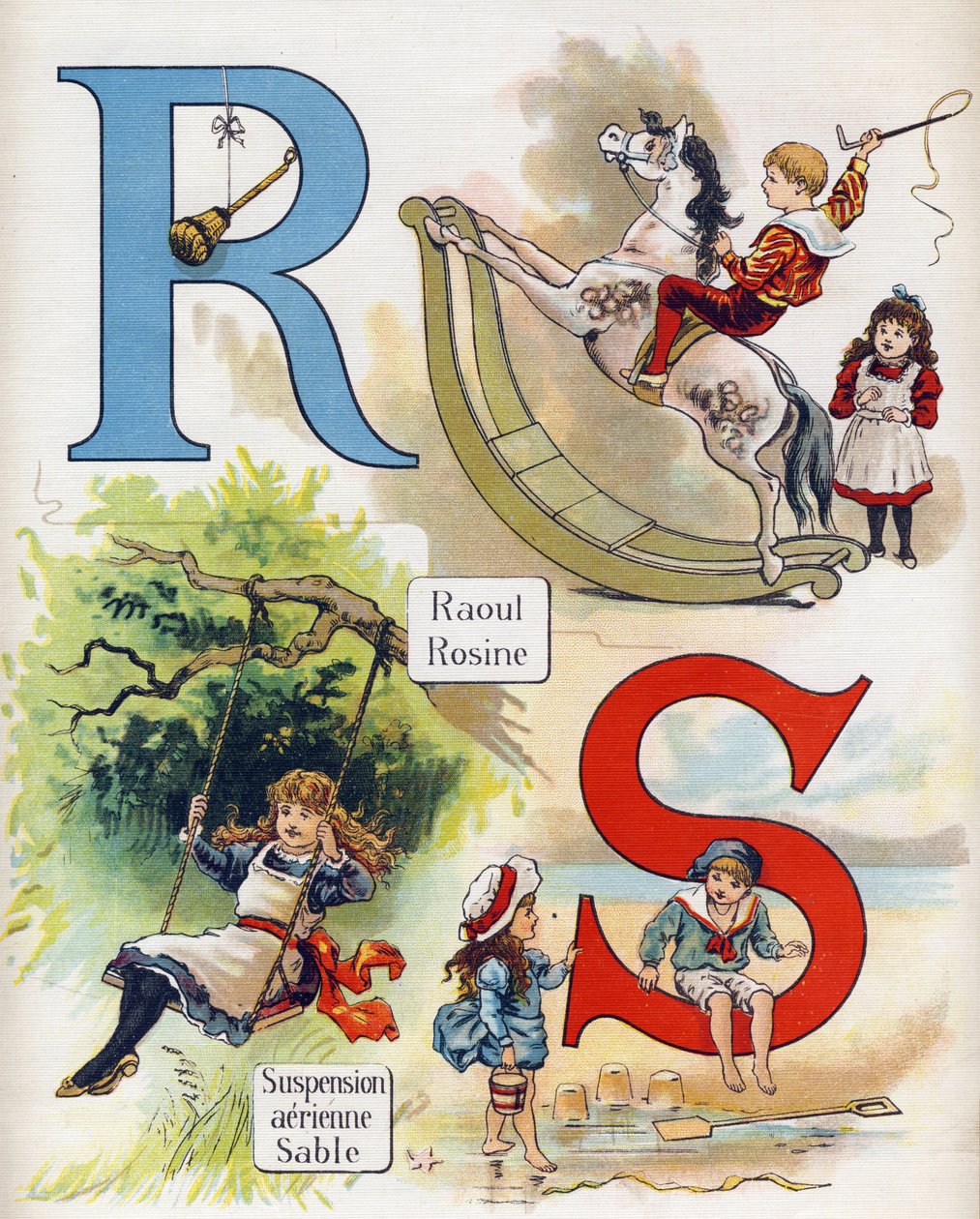 Bokstav R & S: Raoul og Rosine, Luftfjæring og sand. Gravering i "ABC L