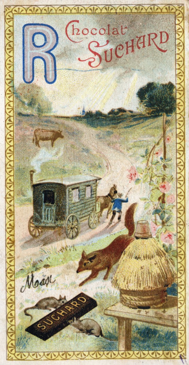 Bokstav R: rokker, drøvtyggere, tilhenger, bikube, rev, rotter, rose. Gravering av alfabetet redigert av Chocolat Suchard, begynnelsen av det 20. århundre. 24 kromolitografier som representerer steder, karakterer og objekter som skal oppdages i bildet. Mål av Unbekannt