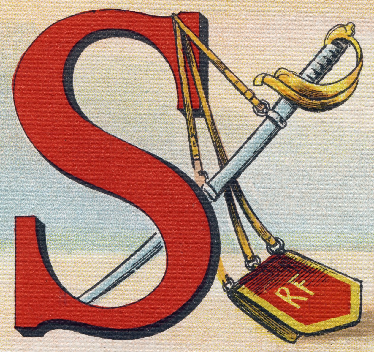 Bokstav S: Sabre. Gravering i "Alphabet de ma petite fille". Bernardin-Bechet og Fils, bokhandler-forlag, Paris, rundt 1895. Ubrytelig album på lerret. Bibliotheque des Bebes. 12 sider. Album som inneholder en lesemetode og en illustrativ abeceda av Unbekannt
