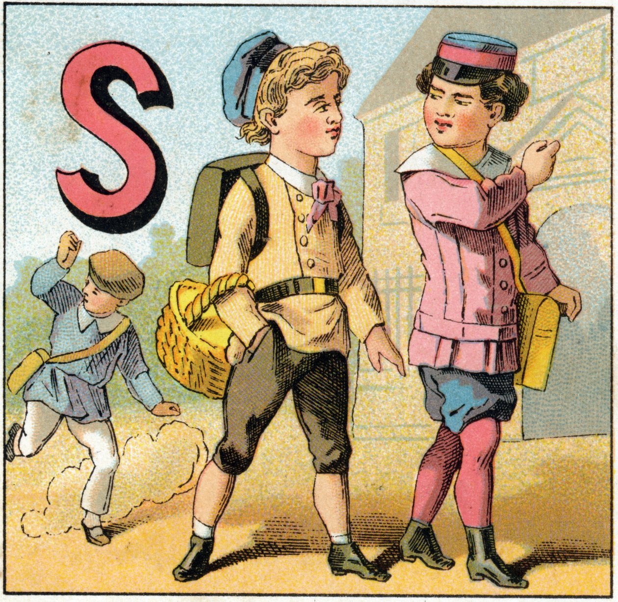 Bokstav S som skoleavslutning. Gravering i "Alphabet des petits ecoliers". Avbildning av Epinal, ca. 1885. Privee Collection av Unbekannt