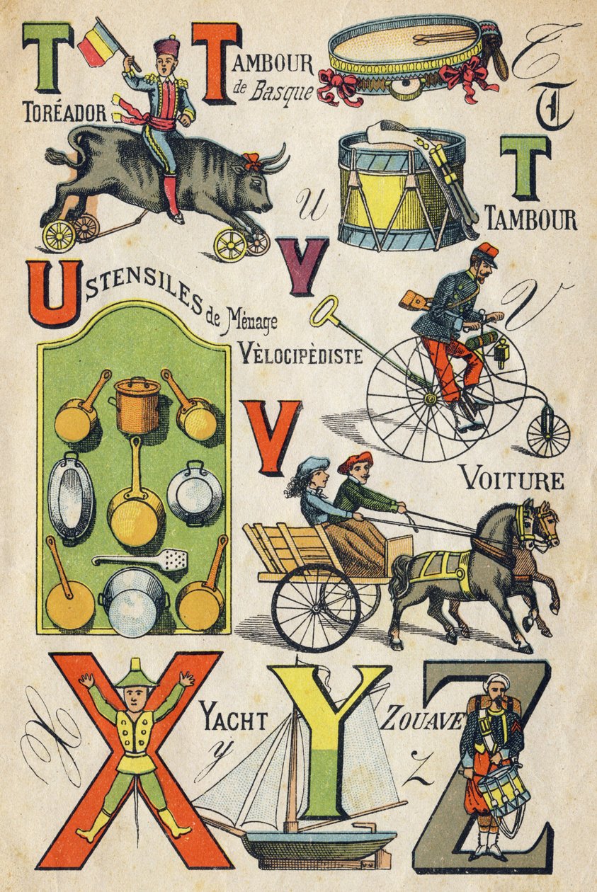 Bokstaven T , U , V , X , Y og Z . Gravering i "ABC Toys". Epinal avbildning i kromolitografi, ca 1890. Lite hefte på 8 sider. Mål: 195x135mm, beregnet for å motta en annonse i 4. omslag. Brukes hjemme, den tilbyr en berømt abecedary og en sm av Unbekannt