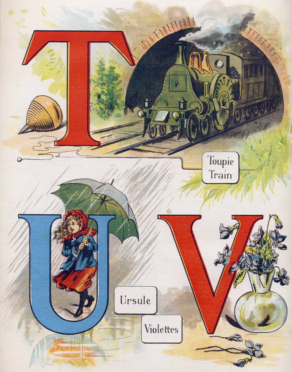 Bokstavene T, U og V: topp, tog, ursula og fiolett. Gravering i "ABC L'alphabet des bebes". Ubrytelig volum på lerret i kromolitografi. A. Capendu, redaktør, Paris. Tidlig på 1900-tallet, rundt 1905. Bilder av engelsk opprinnelse, ledsaget av av Unbekannt