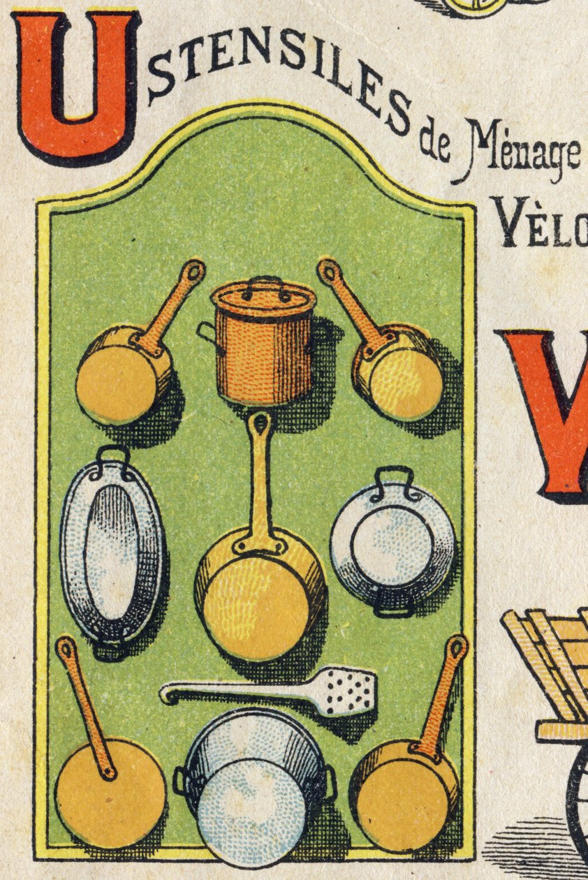 Bokstaven U. Cocote, komfyr, ekorn, kasserolle... Gravering i "ABC Toys". Epinal avbildning i kromolitografi, ca 1890. Lite hefte på 8 sider. Mål: 195x135mm, beregnet for å motta en annonse i 4. omslag. Brukes hjemme, den tilbyr en strålende ab av Unbekannt
