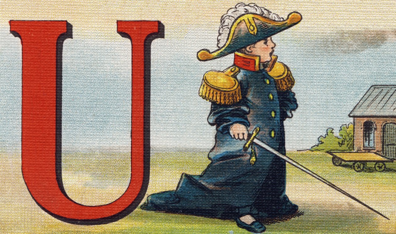 Bokstaven U: uniform. Gravering i "Alphabet de ma petite fille". Bernardin-Bechet og Fils, bokhandler-forlag, Paris, rundt 1895. Ubrytelig album på lerret. Bibliotheque des Bebes. 12 sider. Album som inneholder en lesemetode og en illustrativ abeced av Unbekannt