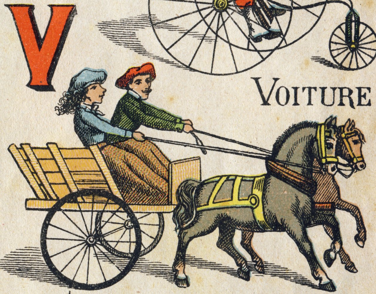 Bokstaven V for bil. Gravering i "ABC Toys". Epinal avbildning i kromolitografi, ca 1890. Lite hefte på 8 sider. Mål: 195x135mm, beregnet for å motta en annonse i 4. omslag. Brukes hjemme, det tilbyr en berømt abecedary og en liten lese meg av Unbekannt