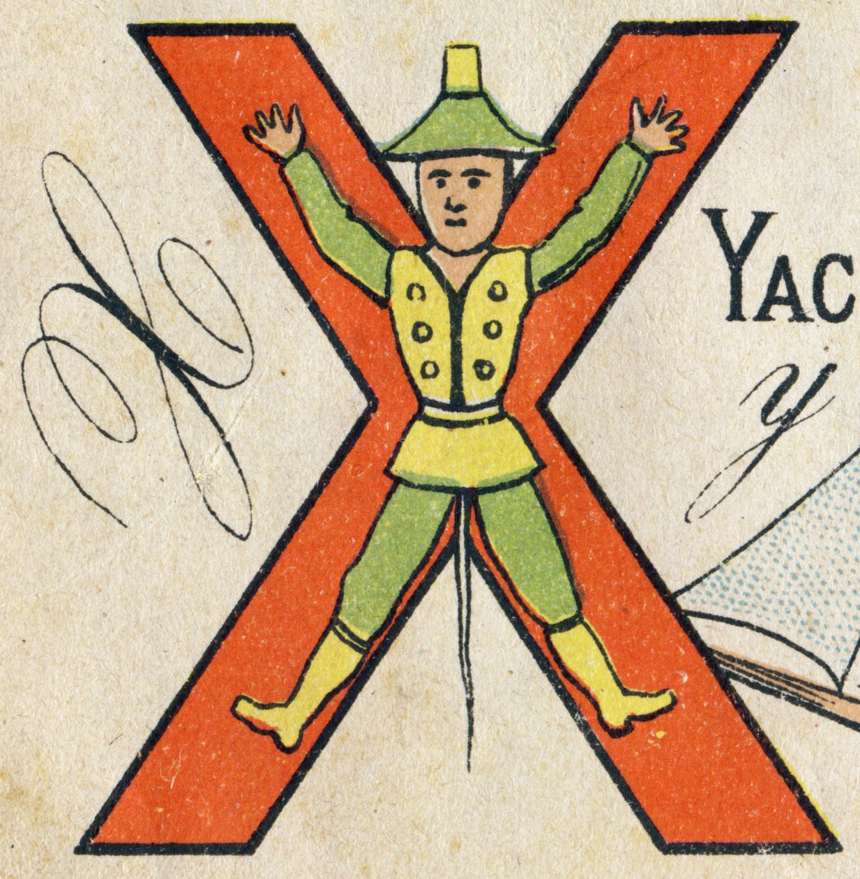 Bokstav X. Gravering i "ABC Toys". Epinal avbildning i kromolitografi, ca. 1890. Lite hefte på 8 sider. Dimension: 195x135mm, beregnet på å motta en annonse i 4. omslag. Brukes hjemme, tilbyr en berømt abecedary og en liten lesning metode. av Unbekannt