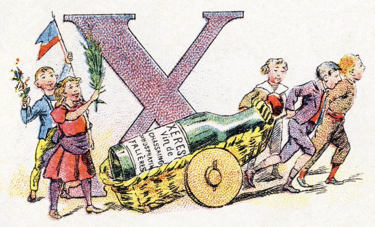 Bokstav X: Xeres. Alfabetet til Phosphatine Falieres. Gravering. Brevete-alfabetet S.G.D.G. av farmasøyt Pierre Emile Falieres. Illustrasjoner i kromolitografi, slutten av 1800-tallet. 16 sider. Mål: 103x154mm av Unbekannt