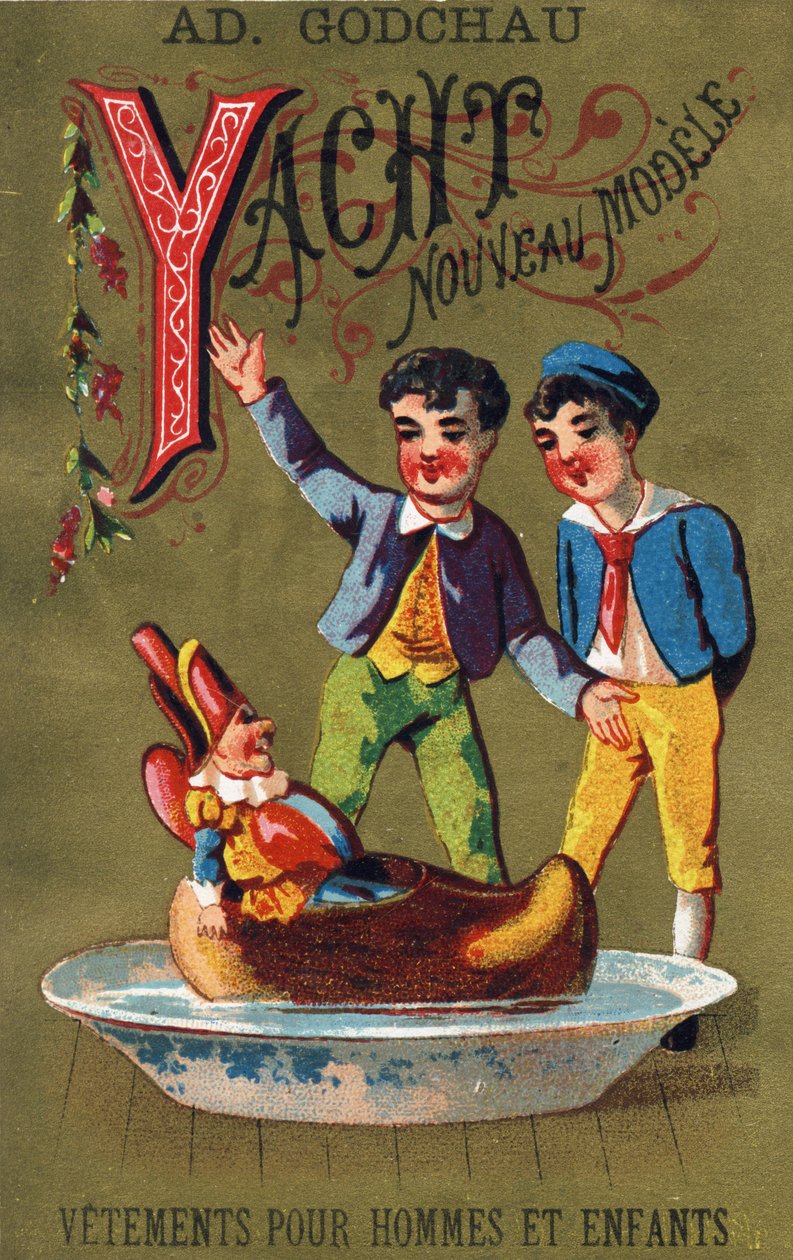 Bokstav Y: Yacht ny modell. Gravering i "Alphabet des grotesques"". Serie med 25 reklamekromolitografier på en dore bakgrunn, sent på 1800-tallet. Mål: 11x7 cm av Unbekannt