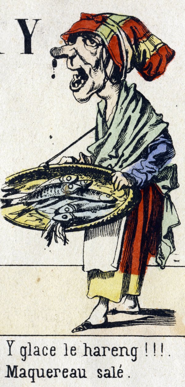 Bokstav Y: "is silda!!! Skitten makrell". Alfabetet "Barnas moro". Bildebehandling av Epinal, ca 1890. Populær serie. Lite hefte på 8 sider. Sjablongerte tregraveringer med temaet små gatemetier og Paris rop av Unbekannt