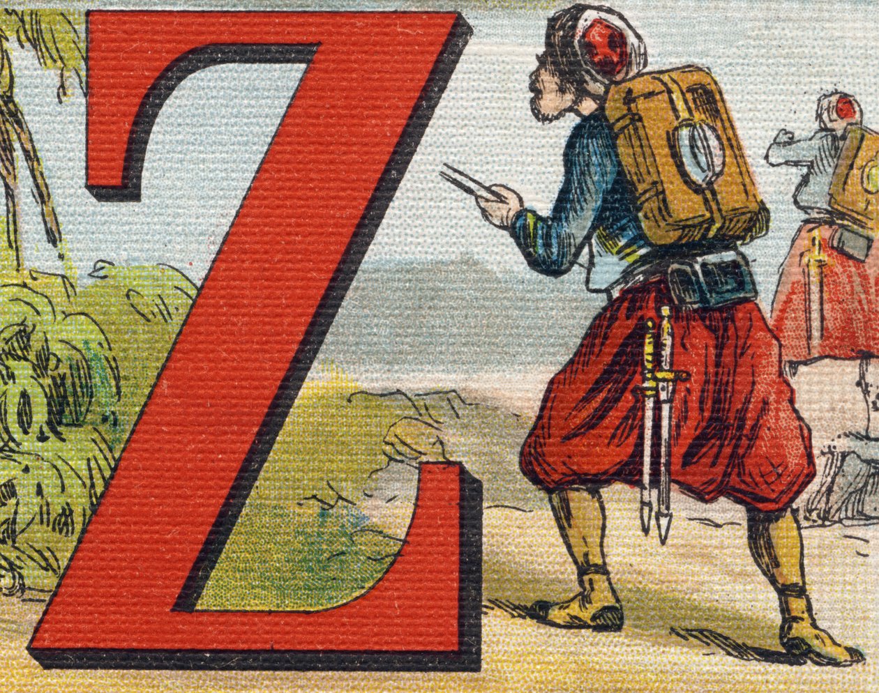 Bokstav Z: Zouave. Gravering i "Alphabet de ma petite fille". Bernardin-Bechet og Fils, bokhandler-forlag, Paris, rundt 1895. Ubrytelig album på lerret. Bibliotheque des Bebes. 12 sider. Album som inneholder en lesemetode og en illustrativ abeceda av Unbekannt