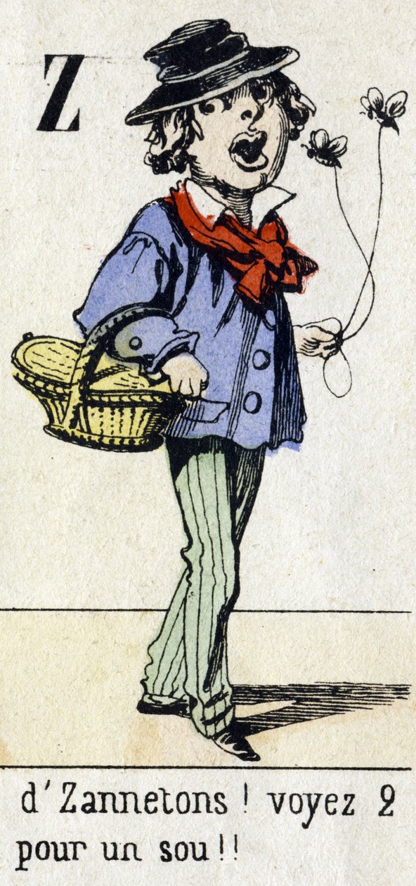 Bokstav Z: "av Zannetons! Se 2 for en krone!! "Alfabetet "Gøy for barn". Bildebehandling av Epinal, ca 1890. Populær serie. Lite hefte på 8 sider. Sjablongerte tregraveringer med temaet små gatemetier og Paris rop av Unbekannt