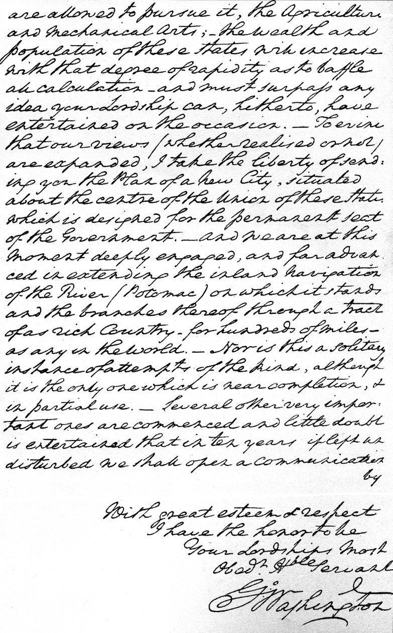 Brev fra George Washington til jarlen av Buchan som angir prinsippene for fremtidig amerikansk utenrikspolitikk, inkludert fred, universell vennskap og unngåelse av involvering i europeisk politikk og sender også planene for å bygge den nye hovedstaden av Unbekannt