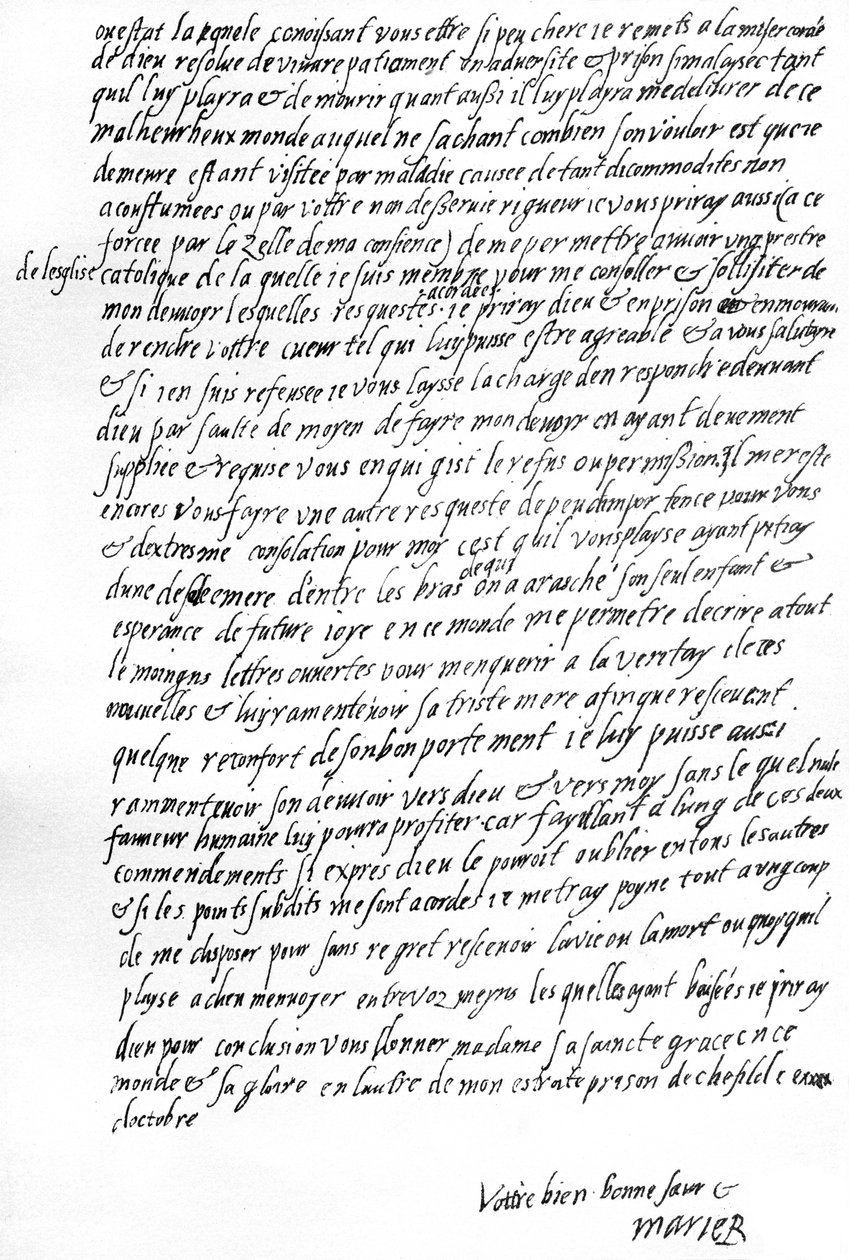 Brev fra Mary Queen of Scots mens hun satt i fengsel i Sheffield til dronning Elizabeth I av England, der de ba om å få lov til å konferere med en av hennes franske tjenere, for å få trøsten av å få lov til å bli en katolsk prest og å kunne korrespondere å av Unbekannt