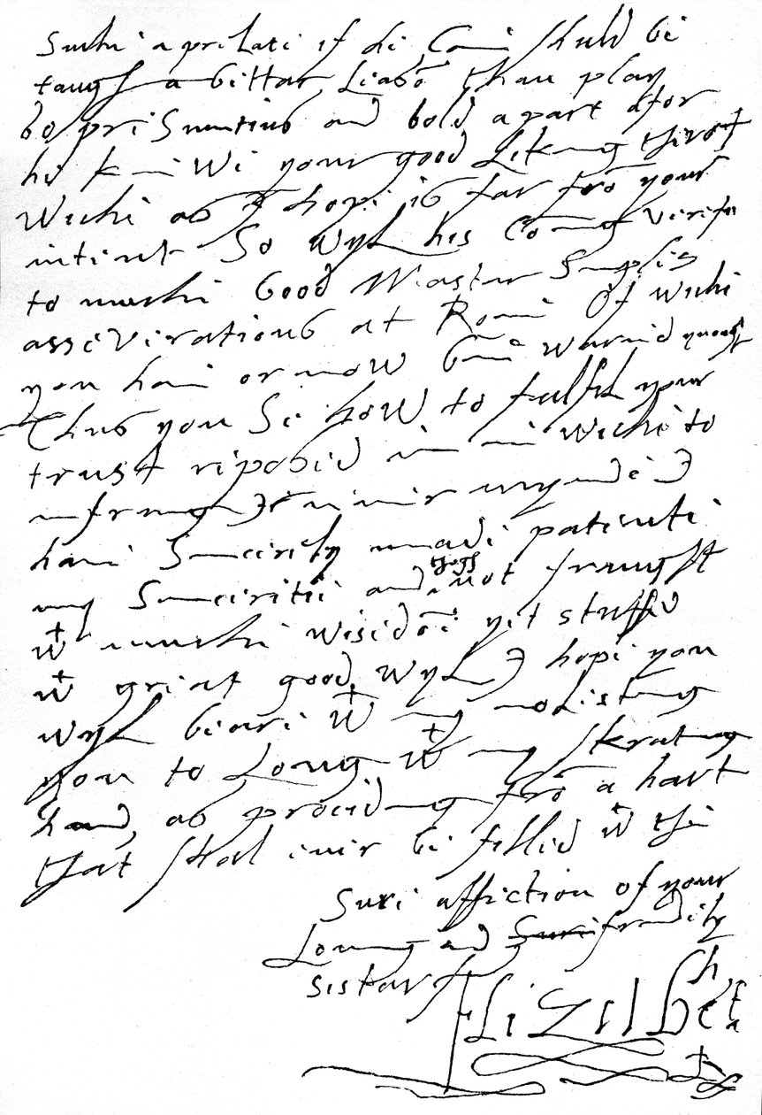 Brev fra dronning Elizabeth I til kong James VI av Skottland (senere James I av England) skrevet 11 uker før hennes død der hun refererer til sin dårlige "skrating"-håndskrift, 5. januar. av Unbekannt
