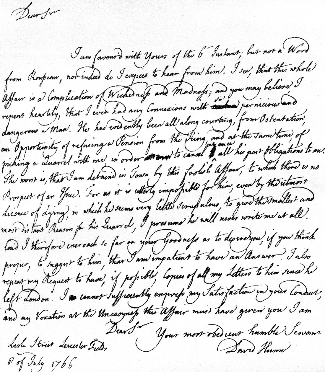 Brev skrevet av David Hume til Richard Davenport som viser til de store vanskelighetene i forholdet hans til Jean-Jacques Rousseau, Rousseaus nektelse av å godta pensjon og krangelene hans med Hume, 8. juli av Unbekannt