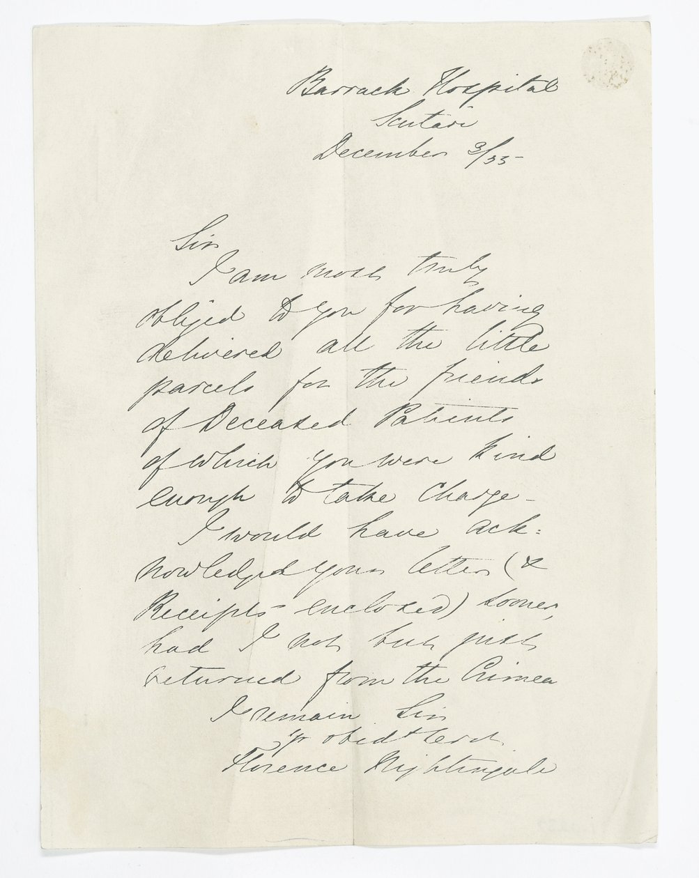 Brev skrevet av Florence Nightingale, mens han var på Barrack Hospital, Scutari (blekk på papir) av Unbekannt